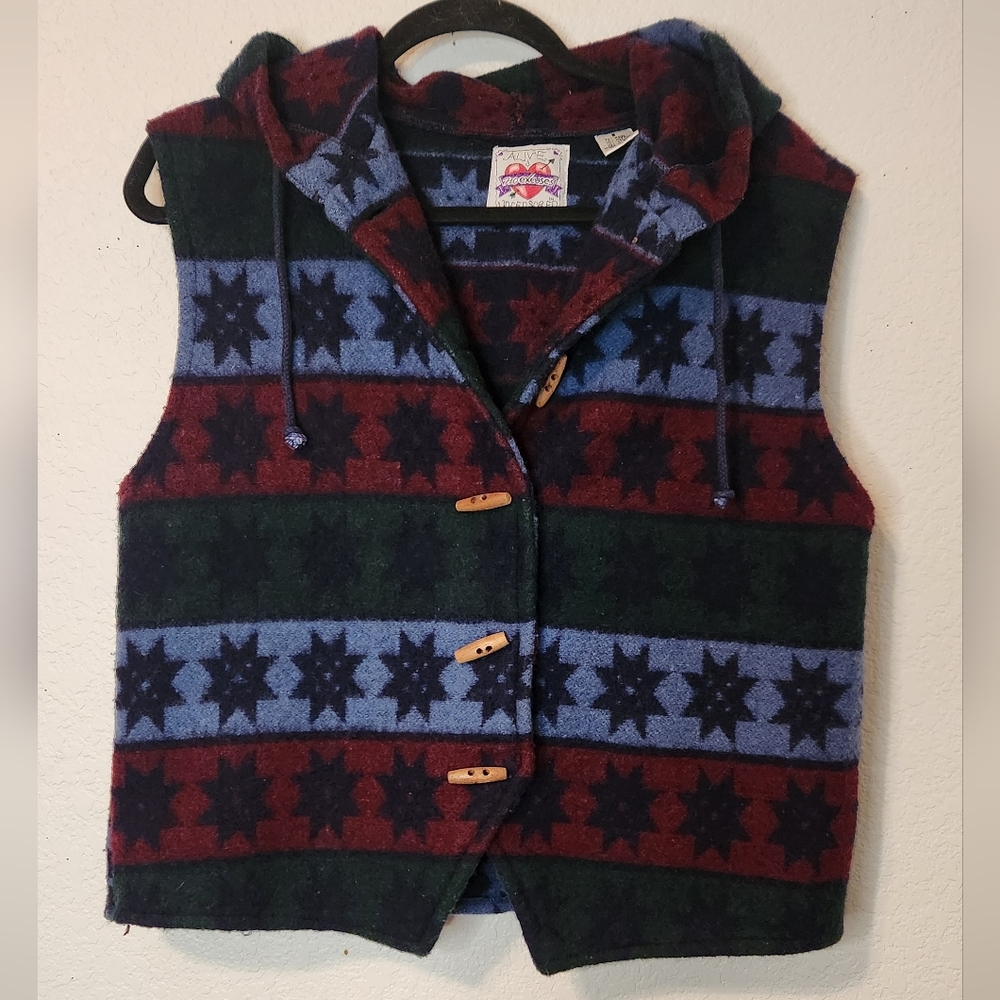 Alive No Excuses Uncensored Aztec Wool Blend Hooded Vest, Size S